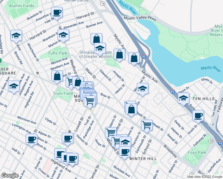 map of restaurants, bars, coffee shops, grocery stores, and more near in Medford
