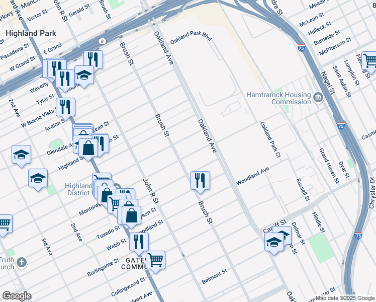 map of restaurants, bars, coffee shops, grocery stores, and more near 190 California Street in Highland Park