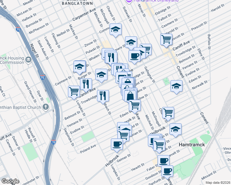 map of restaurants, bars, coffee shops, grocery stores, and more near 2646 Belmont Street in Hamtramck