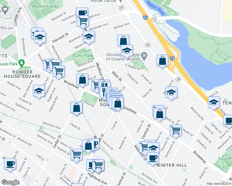 map of restaurants, bars, coffee shops, grocery stores, and more near 22 Dexter Street in Medford