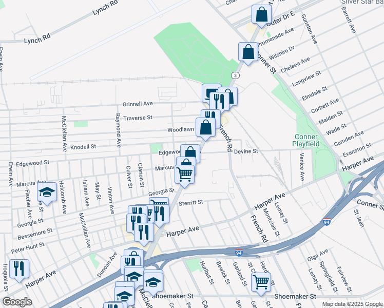 map of restaurants, bars, coffee shops, grocery stores, and more near 10281 Gratiot Avenue in Detroit