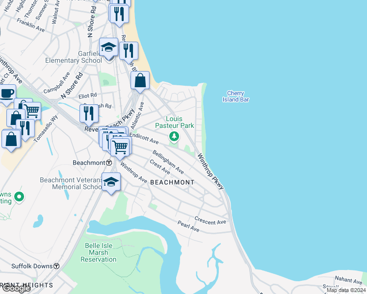 map of restaurants, bars, coffee shops, grocery stores, and more near 138 Endicott Avenue in Revere