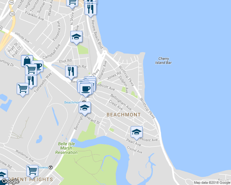 map of restaurants, bars, coffee shops, grocery stores, and more near 104 Bellingham Avenue in Revere