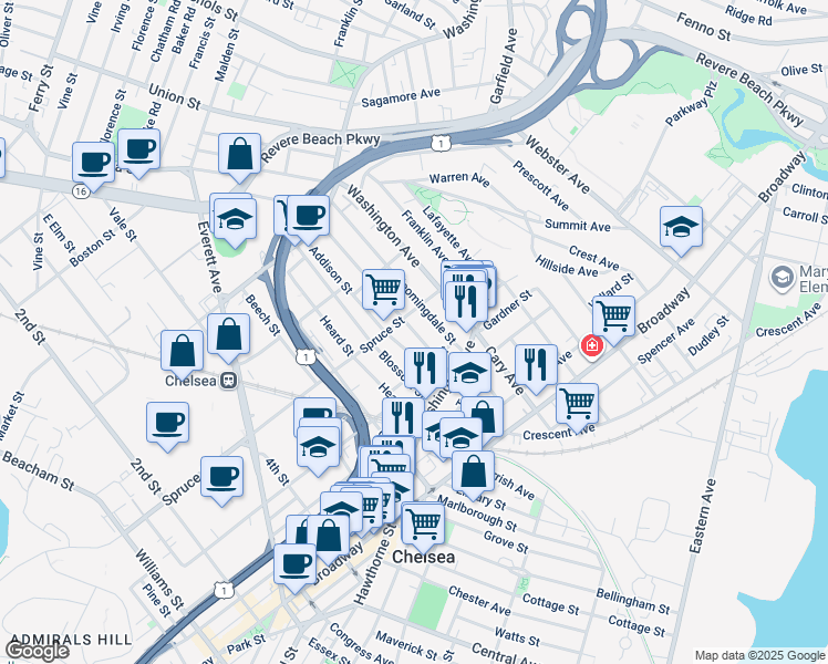 map of restaurants, bars, coffee shops, grocery stores, and more near 38 Eden Street in Chelsea