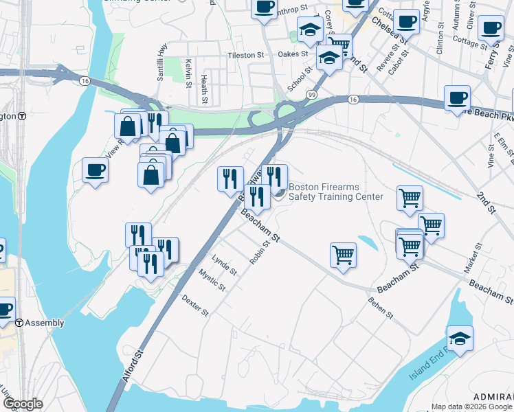 map of restaurants, bars, coffee shops, grocery stores, and more near 23 Beacham Street in Everett