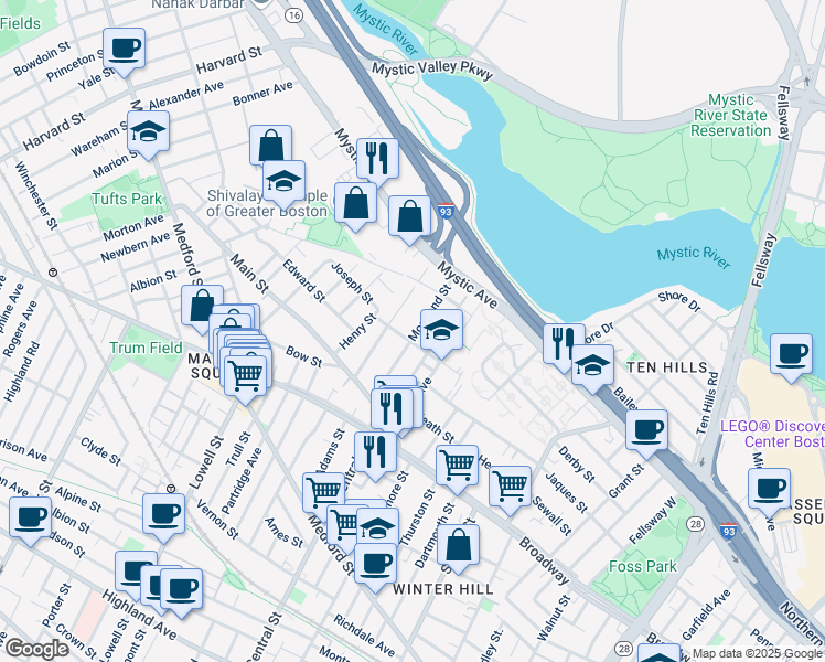 map of restaurants, bars, coffee shops, grocery stores, and more near 53 Moreland Street in Somerville