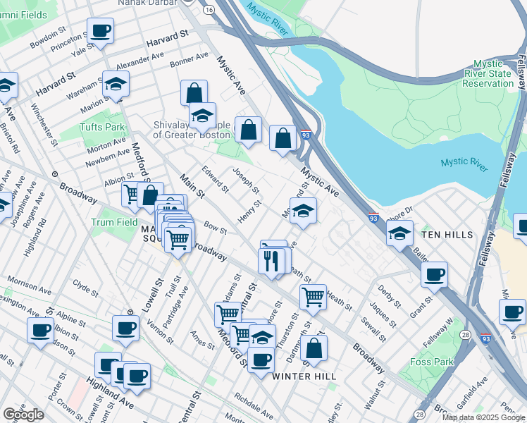 map of restaurants, bars, coffee shops, grocery stores, and more near 25 Fremont Street in Somerville