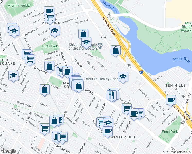map of restaurants, bars, coffee shops, grocery stores, and more near in Medford