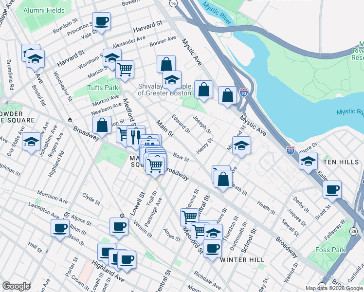 map of restaurants, bars, coffee shops, grocery stores, and more near 89 Bow Street in Medford