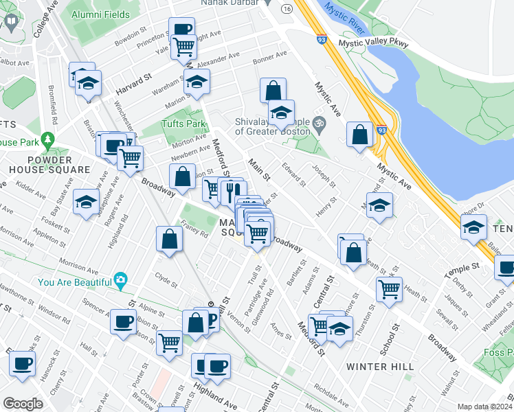 map of restaurants, bars, coffee shops, grocery stores, and more near 14 Strathmore Road in Medford
