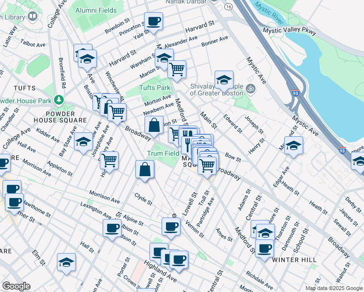 map of restaurants, bars, coffee shops, grocery stores, and more near 10 Charles E Ryan Road in Somerville