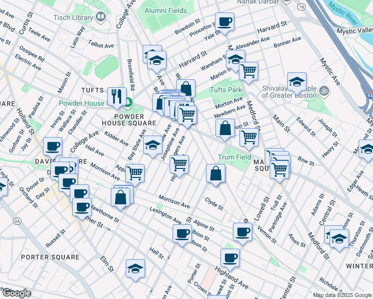 map of restaurants, bars, coffee shops, grocery stores, and more near 90 Highland Road in Somerville