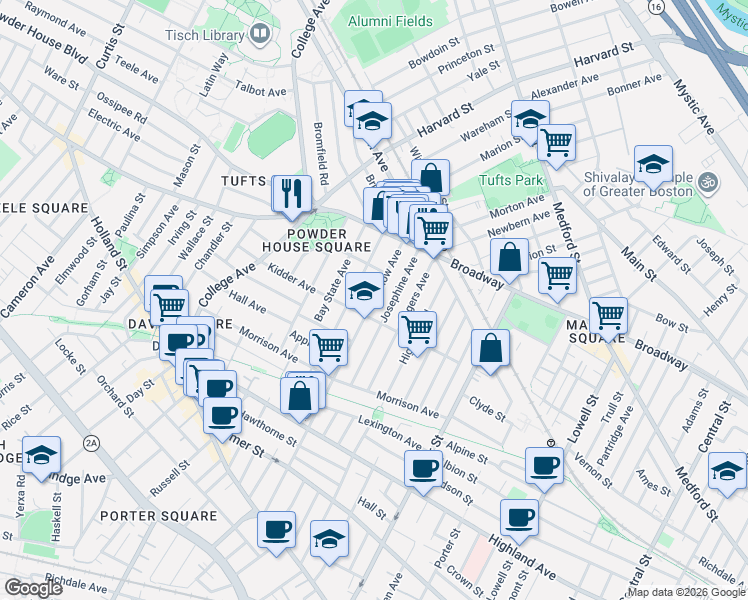 map of restaurants, bars, coffee shops, grocery stores, and more near 65 Josephine Avenue in Somerville