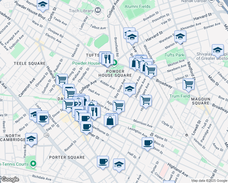 map of restaurants, bars, coffee shops, grocery stores, and more near 91 Bay State Avenue in Somerville