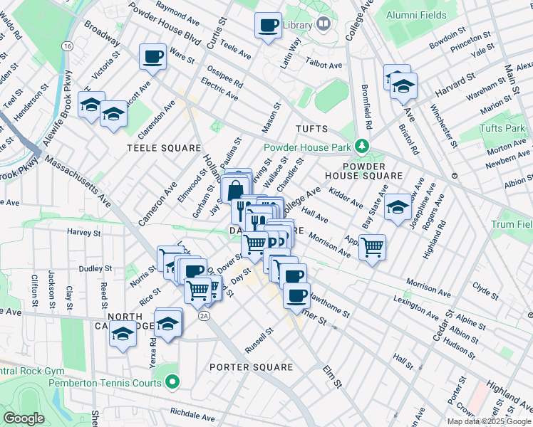 map of restaurants, bars, coffee shops, grocery stores, and more near in Somerville