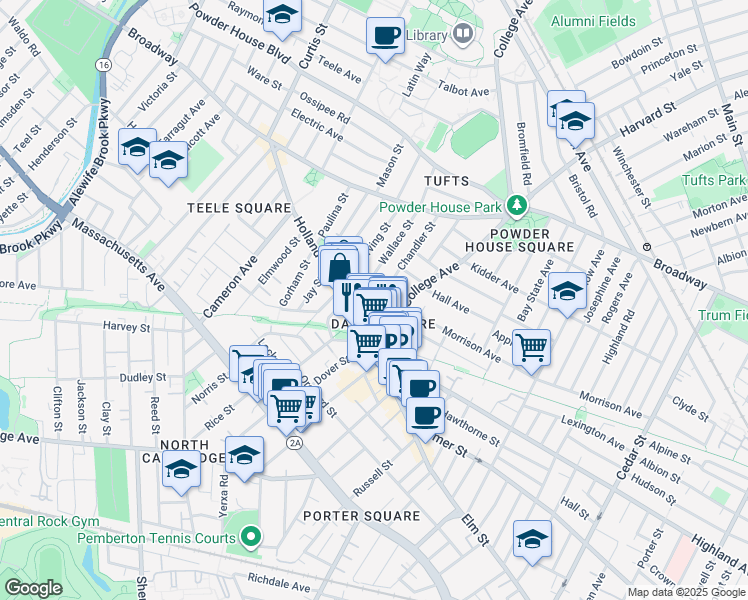 map of restaurants, bars, coffee shops, grocery stores, and more near in Somerville