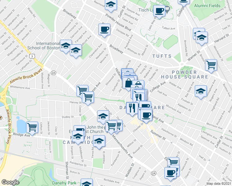 map of restaurants, bars, coffee shops, grocery stores, and more near P3 Howard Street in Somerville