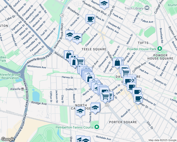 map of restaurants, bars, coffee shops, grocery stores, and more near 7 Cameron Avenue in Cambridge