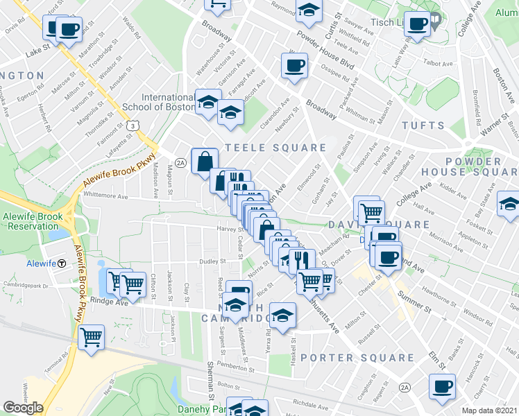 map of restaurants, bars, coffee shops, grocery stores, and more near 7 Cameron Avenue in Cambridge
