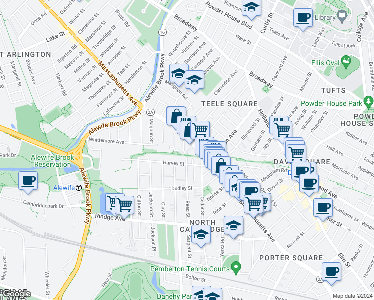 map of restaurants, bars, coffee shops, grocery stores, and more near 35 Harvey Street in Cambridge