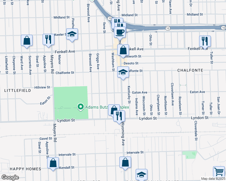 map of restaurants, bars, coffee shops, grocery stores, and more near 14658 Washburn Street in Detroit