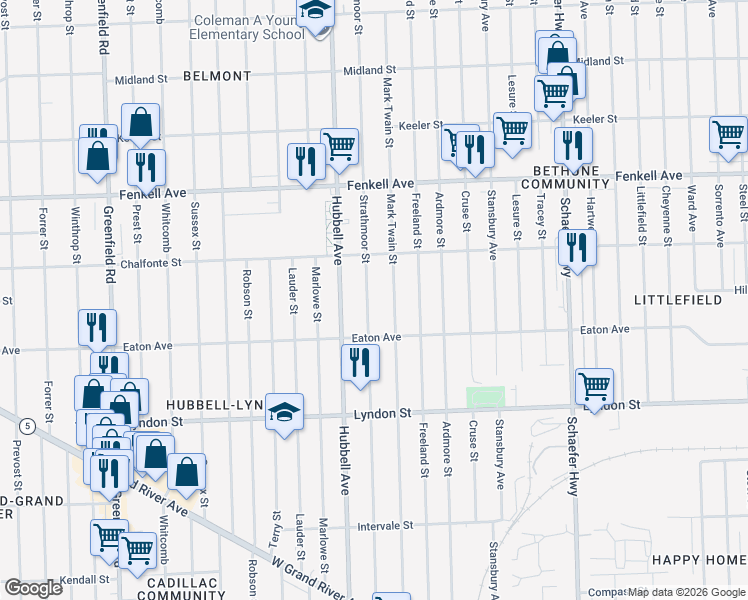 map of restaurants, bars, coffee shops, grocery stores, and more near 14829 Mark Twain Street in Detroit