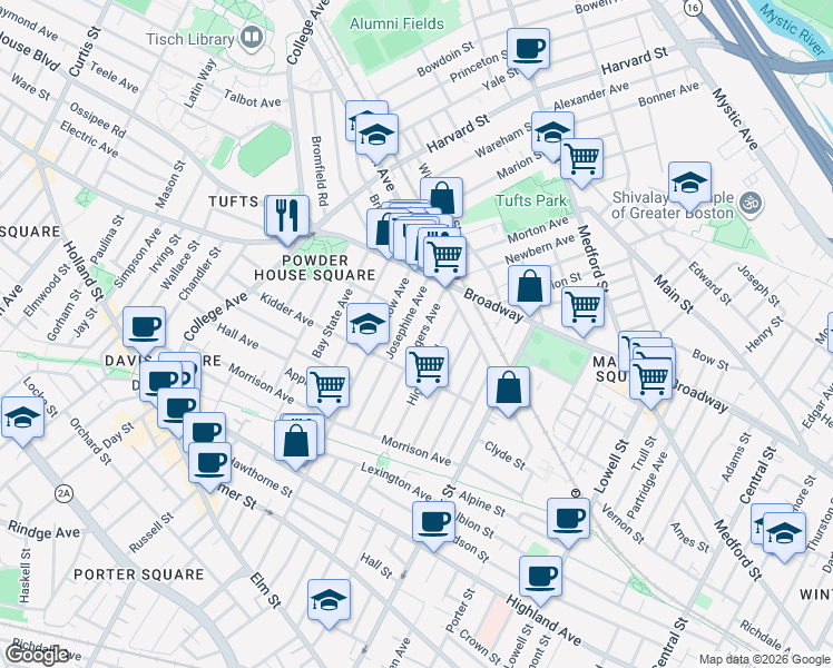 map of restaurants, bars, coffee shops, grocery stores, and more near 90 Highland Road in Somerville