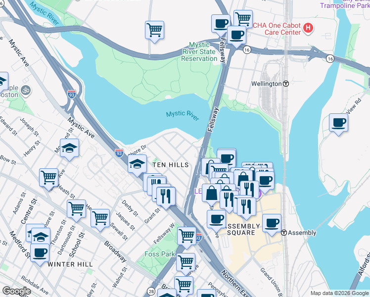 map of restaurants, bars, coffee shops, grocery stores, and more near in Somerville