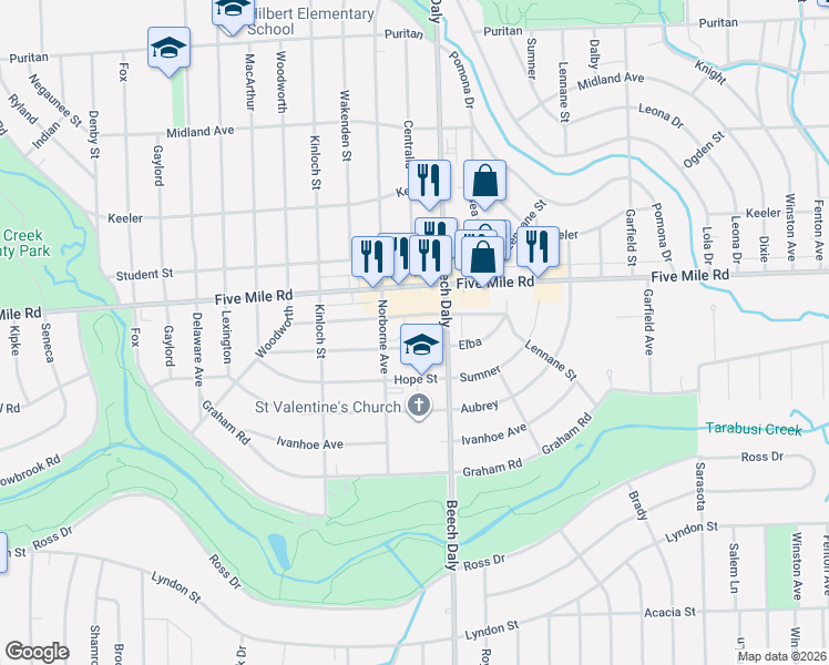map of restaurants, bars, coffee shops, grocery stores, and more near 25825 Elba in Redford Charter Township