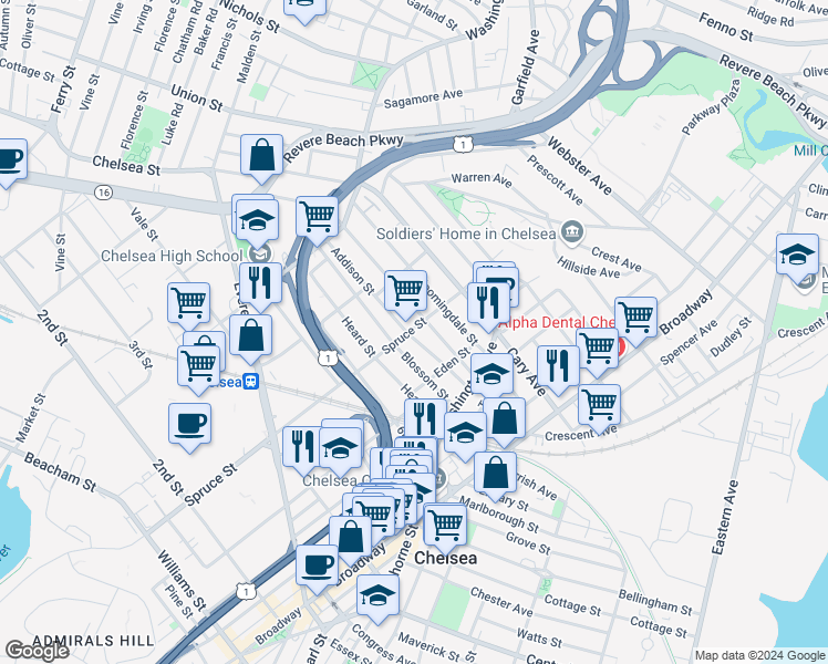 map of restaurants, bars, coffee shops, grocery stores, and more near 61 Addison Street in Chelsea