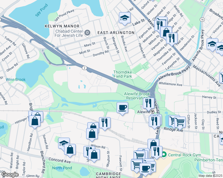 map of restaurants, bars, coffee shops, grocery stores, and more near 26 Acorn Park Drive in Cambridge