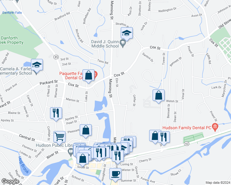 map of restaurants, bars, coffee shops, grocery stores, and more near 18 Elm Street in Hudson