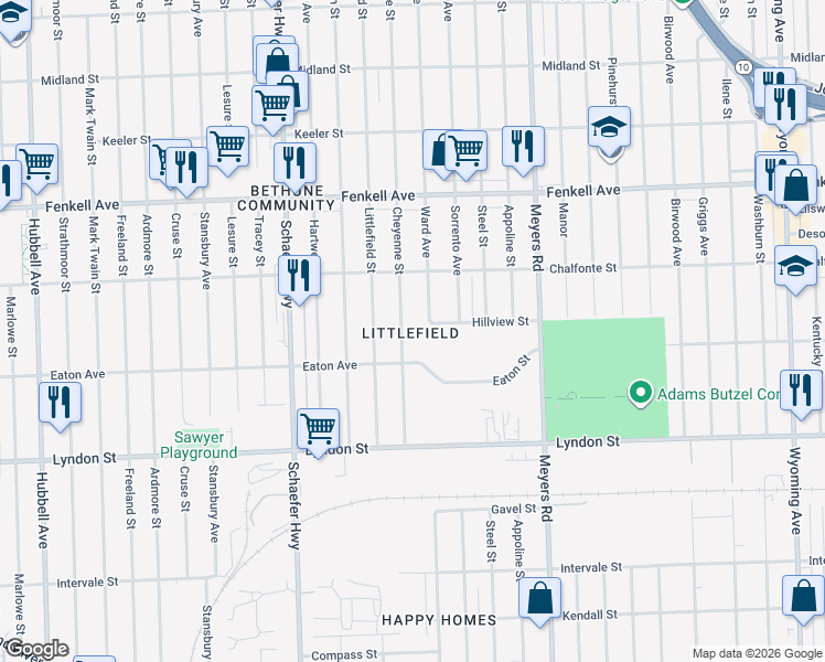 map of restaurants, bars, coffee shops, grocery stores, and more near 14892 Ward Avenue in Detroit