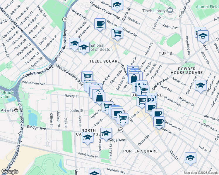 map of restaurants, bars, coffee shops, grocery stores, and more near 0 Tannery Brook Row in Somerville