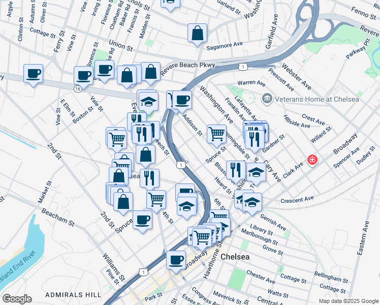 map of restaurants, bars, coffee shops, grocery stores, and more near 100 Heard Street in Chelsea