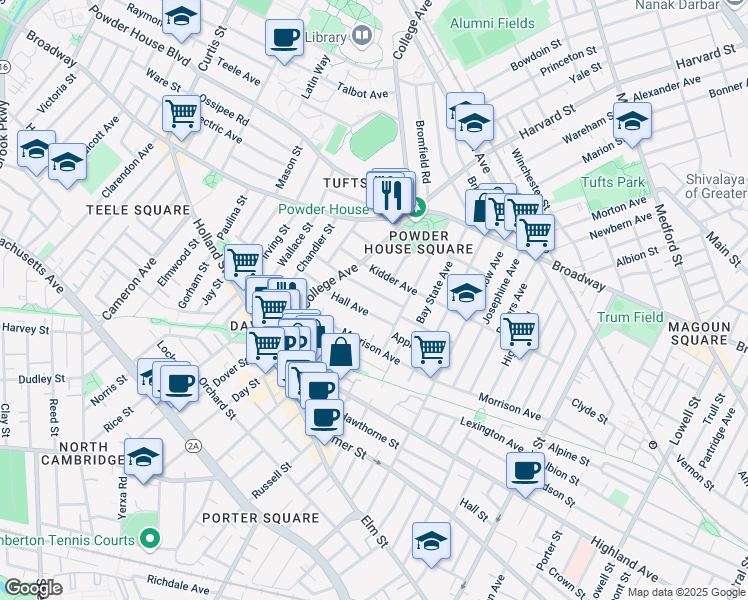 map of restaurants, bars, coffee shops, grocery stores, and more near 21 Kidder Avenue in Somerville
