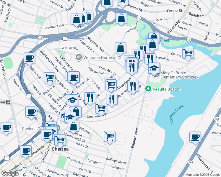 map of restaurants, bars, coffee shops, grocery stores, and more near 112 Clark Avenue in Chelsea