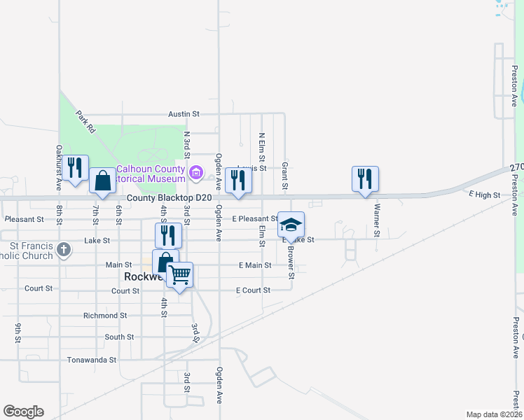 map of restaurants, bars, coffee shops, grocery stores, and more near 130 North Elm Street in Rockwell City