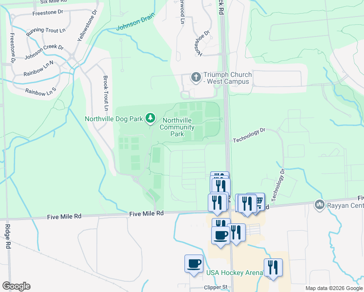 map of restaurants, bars, coffee shops, grocery stores, and more near 48341 Fieldstone Drive in Northville