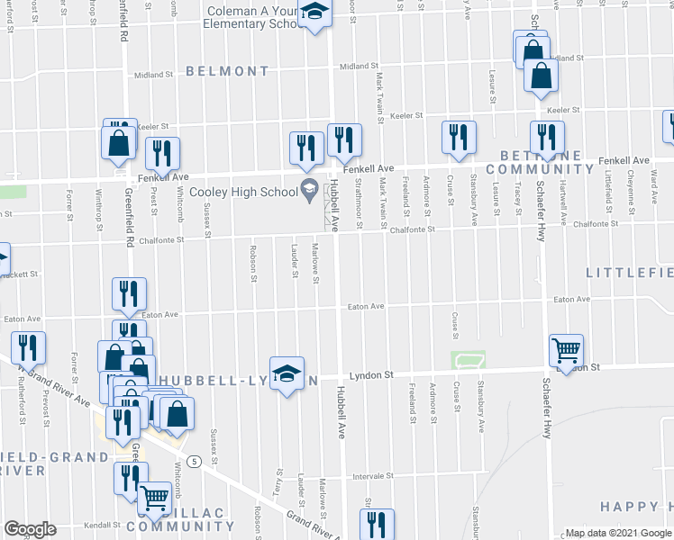 map of restaurants, bars, coffee shops, grocery stores, and more near Hubbell Street in Detroit