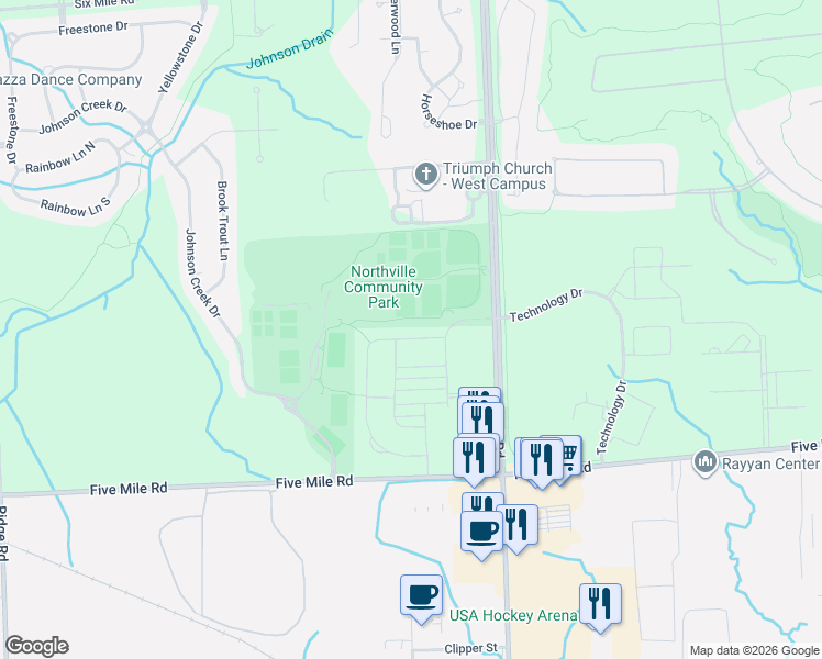 map of restaurants, bars, coffee shops, grocery stores, and more near 48405 Fieldstone Drive in Northville