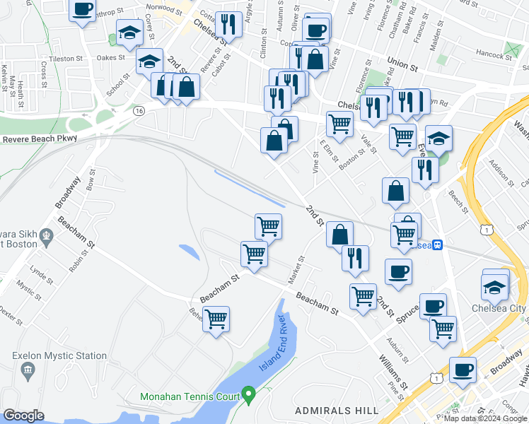 map of restaurants, bars, coffee shops, grocery stores, and more near 34 Market Street in Everett