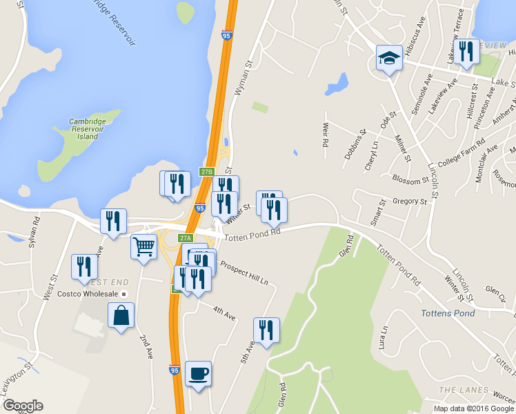 map of restaurants, bars, coffee shops, grocery stores, and more near 386 Winter Street in Waltham