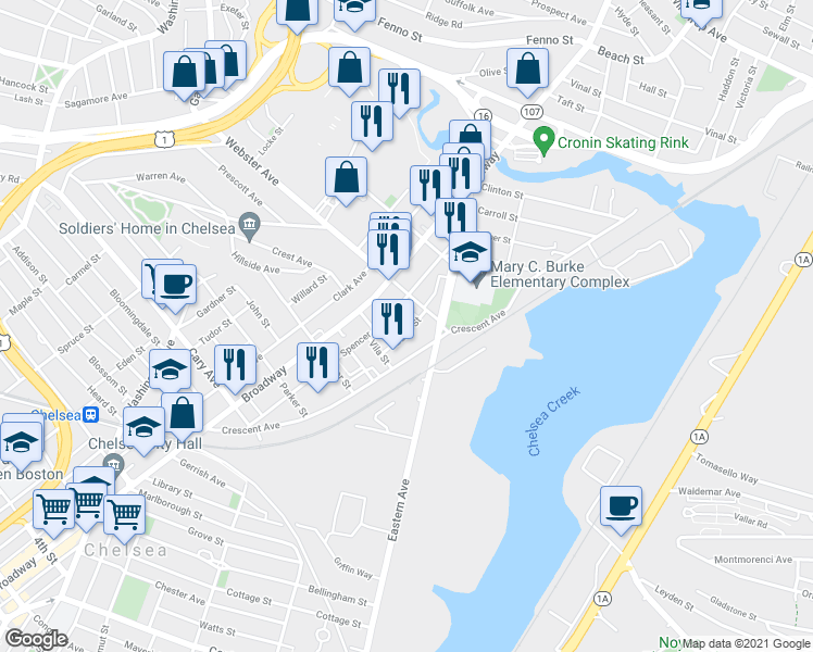 map of restaurants, bars, coffee shops, grocery stores, and more near 178 Spencer Avenue in Chelsea