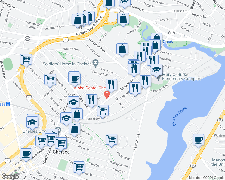 map of restaurants, bars, coffee shops, grocery stores, and more near 112 Clark Avenue in Chelsea