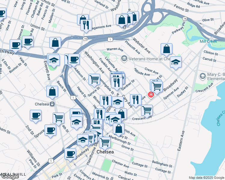 map of restaurants, bars, coffee shops, grocery stores, and more near 335 Spruce Street in Chelsea