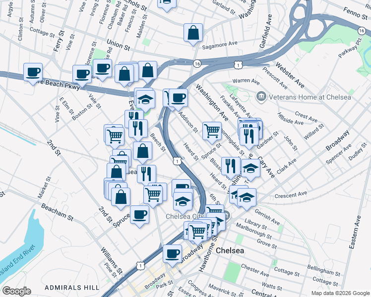 map of restaurants, bars, coffee shops, grocery stores, and more near 137 Heard Street in Chelsea