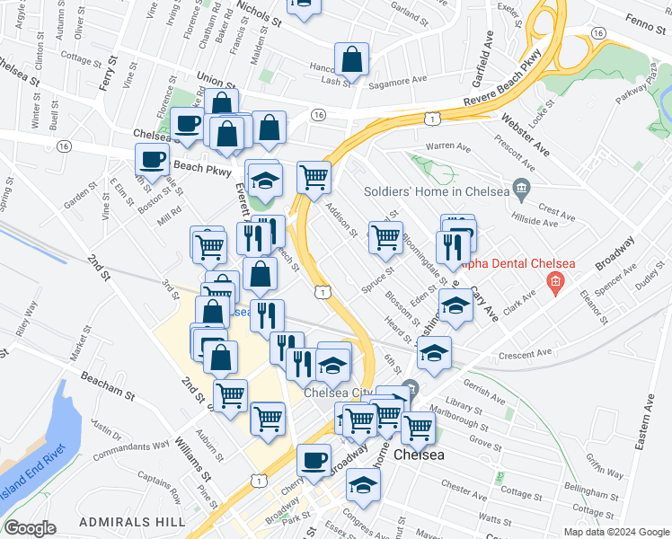map of restaurants, bars, coffee shops, grocery stores, and more near 137 Heard Street in Chelsea