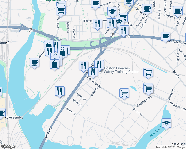 map of restaurants, bars, coffee shops, grocery stores, and more near 10 Langdon Street in Everett