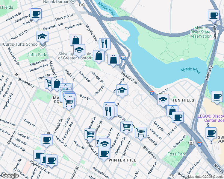map of restaurants, bars, coffee shops, grocery stores, and more near 77 Fremont Street in Somerville